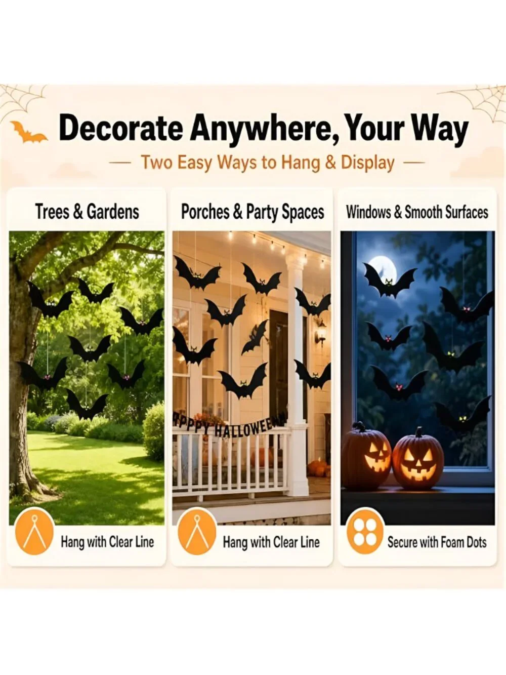 Hanging Bats Halloween Decorations, 3 Sizes Plastic Flying Bat Cutouts with